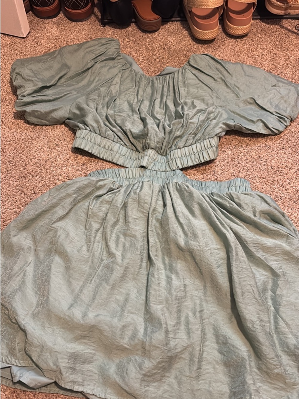 Light Sage Green Two-Piece Puff Sleeve Crop Top & Skirt Set